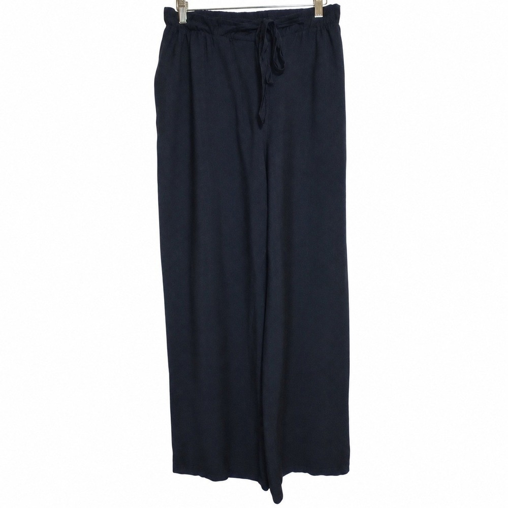 Primark Women M Black Wide Leg Pants Crinkle Drawstring Coastal Minimalist